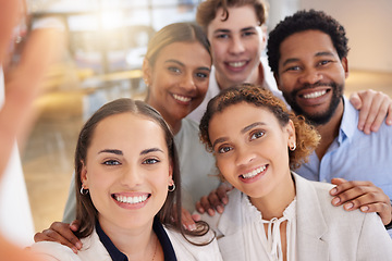 Image showing Selfie, group portrait and business people in social media post, online diversity promotion and business photography. Happy professional friends, career influencer or gen z staff in a profile picture