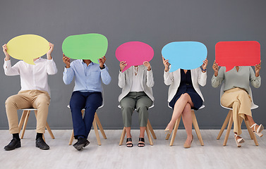 Image showing Speech bubble, business people and hide face for social media, voice and diversity in office. Corporate group, businessman and women with opinion, mock up and team building with vote poster