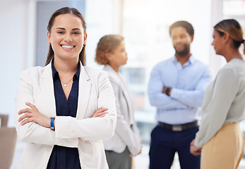 Image showing Leadership, smile and portrait of business woman in office with crossed arms, startup success and meeting. Teamwork, collaboration and happy entrepreneur with mission, company pride and support