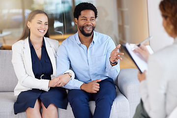 Image showing Marriage counseling, psychology and communication with a couple talking to a therapist during a session for growth. Trust, love or mental health with a man and woman meeting their psychologist