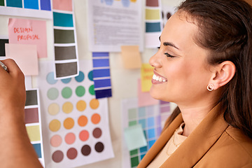 Image showing Designer, color palette and woman planning creative project, startup brand development and moodboard inspiration. Ideas, brainstorming and happy design worker or person choice or decision proposal
