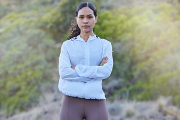 Image showing Fitness, portrait or girl in nature ready for training, workout exercise or wellness in forest park. Start, serious woman or healthy sports athlete with resilience, motivation or focused mindset