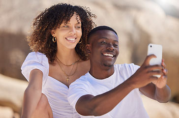 Image showing Black couple, smile selfie and beach with a woman and man together for a social media profile picture. Love, photo and summer travel of young people outdoor with freedom on a holiday with happiness