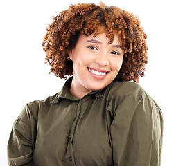 Image showing Happy, young and portrait of a black woman with a smile isolated on a white background. Pride, happiness and an African girl with hair empowerment, smiling and confident on a studio backdrop