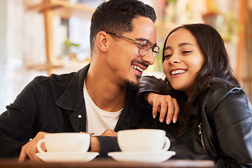 Image showing Couple, love and coffee shop date by people in a restaurant or cafe together bonding and funny conversation. Flirting, romantic and boyfriend relax with girlfriends on weekend break and talking