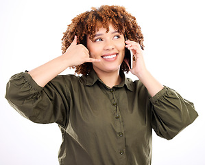 Image showing Call me, hand and gesture by black woman with phone happy for communication by fun, excited and young female. Talking, conversation and person with wifi service isolated in a studio white background