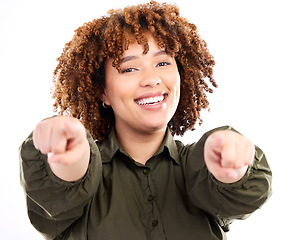 Image showing Portrait of black woman pointing you isolated on a white background to show winner, opportunity or success choice. Hiring worker, employee or person finger or hand sign for recruitment or winning