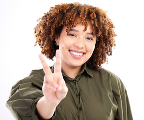 Image showing Peace sign, gesture and portrait of black woman excited, confident and happy isolated against a studio white background. Young, fun and V hand by casual female feeling relax and happiness