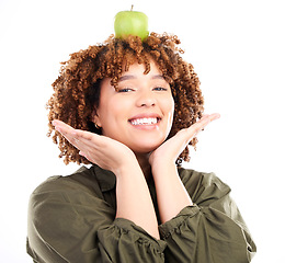 Image showing Woman, apple and head balance portrait with fruit product for weight loss diet, healthcare lifestyle or body detox. Vegan food, nutritionist studio and happy African girl isolated on white background