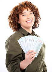 Image showing Happy, money and winner with portrait of black woman for investment, success or growth. Cash, dollar and wealth with girl customer isolated on white background for financial, deal or promotion