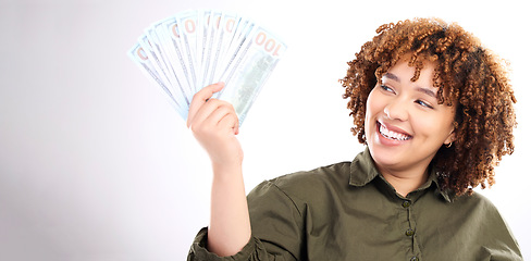 Image showing Finance, money and winner with savings with black woman for investment, success or growth. Cash, dollar and wealth with girl customer isolated on white background for financial, deal or promotion