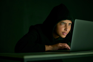 Image showing Indian woman, hacker and mockup of banking and database web fraud with crypto data. Programmer, criminal and finance software hack with a hacking expert writing algorithm for cybercrime virus