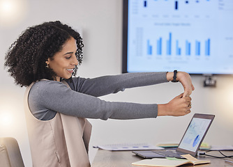 Image showing Corporate black woman, table or stretching arms at meeting for finance, budget or accounting presentation. Girl, business health and happy with exercise for stretch fingers, muscle or healthy mindset