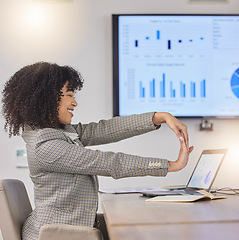 Image showing Corporate black woman, desk and stretching arms with smile for health, hands and budget at audit presentation. Accountant, business and happiness with exercise for stress, muscle or healthy mindset