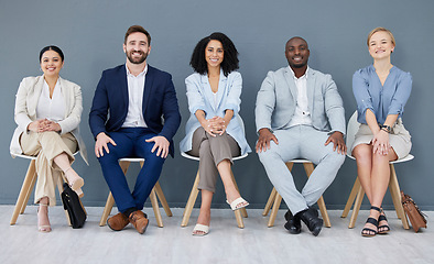 Image showing Business, portrait and people in row waiting for interview, meeting or opportunity together. Smile, diversity group sitting in line for hiring, recruitment or recruiting candidates of human resources