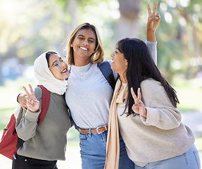 Image showing Women, friends or peace sign in nature park, garden or school campus for diversity bonding, comic fun or playful community. Smile, happy or Muslim students and v hands gesture on university college