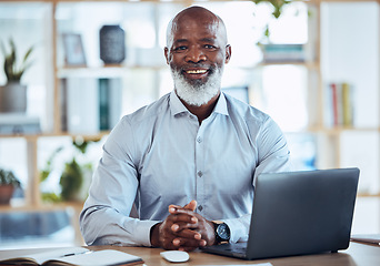 Image showing Senior black man, laptop and portrait smile for business leadership, management or Human Resources at office. Happy African American male corporate CEO or HR smiling and sitting by computer desk