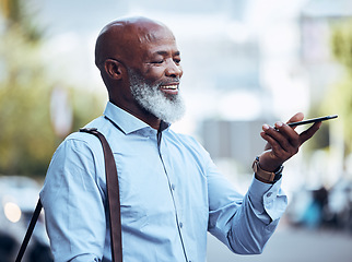 Image showing Black man, phone and and communication voice in city for conversation, networking connection or travel. Happy businessman, outdoor and mobile recording on smartphone, audio chat and virtual assistant