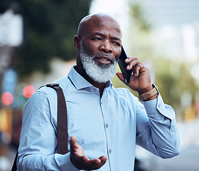 Image showing Business stress, black man and phone call in city for worry, anxiety and communication mistake. Confused manager, outdoor and mobile talking about problems, frustrated executive or consulting failure