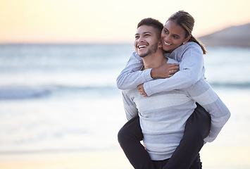 Image showing Love, relax and beach with couple and piggy back for support, bonding and affectionate. Summer break, travel and happiness with man and carrying woman for wellness, quality time and vacation trip