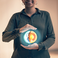 Image showing Earth anatomy graphic, globe hologram and woman hands holding a 3d digital model. Science software, planet data and futuristic illustration to show geography and virtual display of sphere layers