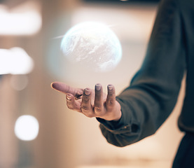 Image showing Globe, hologram and person hands for global networking, digital world overlay and futuristic business data. Holographic, future technology and woman worldwide solution in palm for night connection