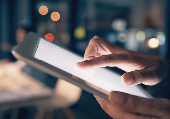 Image showing Research, mockup screen and hand on tablet for internet, social media and networking online at night. Communication, office and worker with blank digital tech for mobile app, branding and website