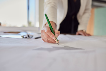 Image showing Architecture, drawing and hand with pencil for blueprint, illustration and engineering mockup on desk. Construction design, floor planning and woman writing for property, building and renovation