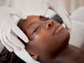 Image showing Black woman, face and sleeping in spa facial for beauty skincare, massage or relaxing in treatment. Calm African American female dreaming in luxury physical therapy, zen or relaxation at salon resort