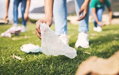 Image showing Plastic bag, recycle and community volunteer project with young people cleaning garbage and trash. Happy, recycling and charity work for sustainability, eco friendly and ecology volunteering service