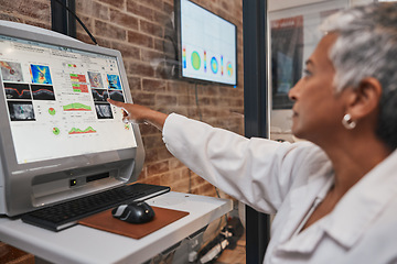 Image showing Woman optometrist, retina and medical computer for eye analysis, research or lens test in lab. Optician, technology and doctor monitor screen in consultation, vision service and ophthalmology anatomy