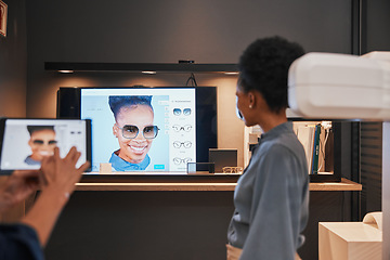 Image showing Glasses, fashion and presentation with a designer black woman giving a product proposal in a boardroom. Meeting, marketing and style with a female employee introducing a new eyewear frame design