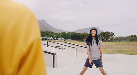 Image showing Black man at skate park, sports outdoor with gen z youth, happy and freedom, skating with helmet for safety. Care free, urban and young male, skateboarding or rollerskating, extreme sport and fitness