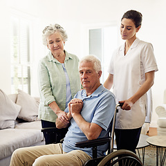 Image showing Portrait of old man in wheelchair with wife and caregiver at nursing home for disability and rehabilitation. Healthcare, recovery and senior couple with nurse together in house or retirement center.