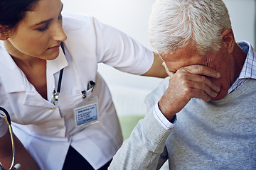Image showing Doctor help sad senior man for support, healthcare and counselling in retirement home. Depressed, old and elderly patient with nurse, crying and empathy for depression, psychology problem and anxiety