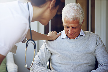 Image showing Nurse comfort depressed senior man for support, healthcare and counselling in retirement home. Sad, old and elderly patient with caregiver, crying and empathy for depression, lonely problem and worry