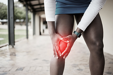 Image showing Fitness, netball and knee pain with leg of black woman for sports injury, accident and joint inflammation. Training, exercise and emergency with girl athlete and hand for pain, suffering and strain