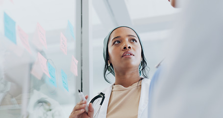 Image showing Meeting, healthcare and collaboration with a doctor black woman coaching her team on glass in a hospital. Planning, training or medical with a female medicine professional talking to a clinic group