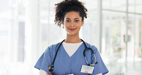 Image showing African American Women, face and doctor smile for healthcare, vision or career ambition and advice at the hospital. Portrait of happy and confident Japanese medical expert smiling, phd or medicare at