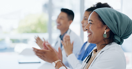 Image showing Applause, success and winner with doctors in meeting for presentation, medical and research. Training, healthcare and diversity with group of people in workshop event for medicine, target or teamwork