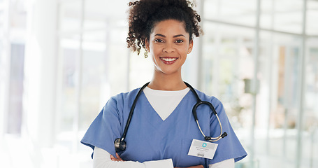 Image showing African American Women, face and doctor smile for healthcare, vision or career ambition and advice at the hospital. Portrait of happy and confident Japanese medical expert smiling, phd or medicare at