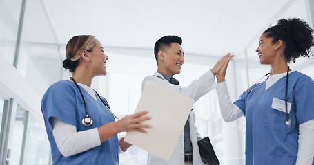 Image showing Doctors, success or celebration and throwing papers in life insurance diversity, medicine goals or healthcare target. Smile, happy or excited people or nurses in clapping, cheering or winner gesture