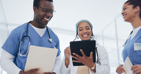 Image showing Doctor, nurses or tablet in hospital meeting, surgery planning or treatment innovation in Islamic clinic. Talking, diversity or healthcare people on technology, teamwork or collaboration in low angle