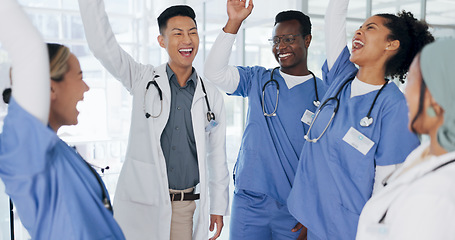 Image showing Doctor, hands or stack in teamwork motivation, collaboration or cheering in healthcare, wellness or life insurance. Smile, happy or clapping medical people in success, diversity or celebration circle