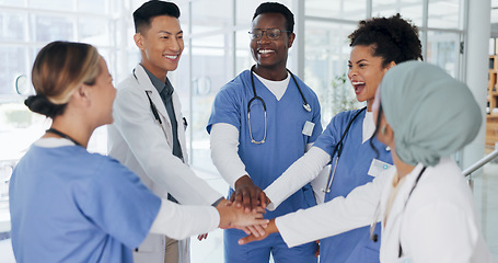 Image showing Doctor, hands or stack in teamwork motivation, collaboration or cheering in healthcare, wellness or life insurance. Smile, happy or clapping medical people in success, diversity or celebration circle