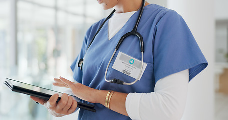 Image showing Nurse, thinking or tablet in hospital surgery planning, schedule management or Japanese treatment research. Woman, doctor or healthcare worker on technology for medical research or medicine insurance