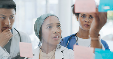 Image showing Meeting, medical and collaboration with a doctor black woman coaching her team on glass in a hospital. Planning, training or healthcare with a female medicine professional talking to a clinic group