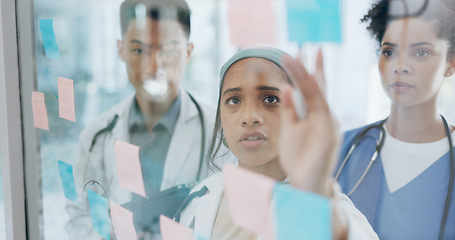 Image showing Meeting, medical and collaboration with a doctor black woman coaching her team on glass in a hospital. Planning, training or healthcare with a female medicine professional talking to a clinic group