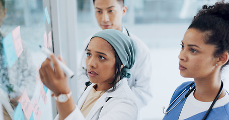 Image showing Meeting, healthcare and teamwork with a doctor black woman coaching her team on glass in a hospital. Planning, training or medical with a female medicine professional talking to a clinic group