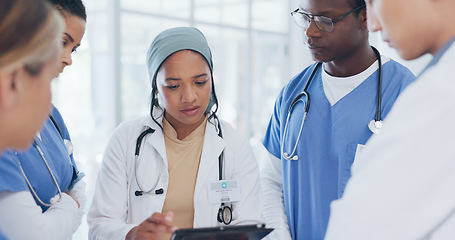 Image showing Doctor, people and tablet in meeting, surgery planning or treatment feedback in Islamic research hospital. Talking, diversity and healthcare nurses on technology, teamwork or leadership collaboration